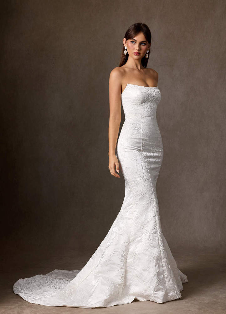 elyessen Serephina Diamond White Mermaid Strapless Floral Jacquard Dress