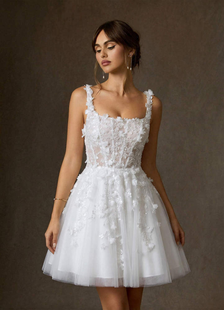 elyessen Sabine Diamond White A-Line Square Neckline Lace Dress