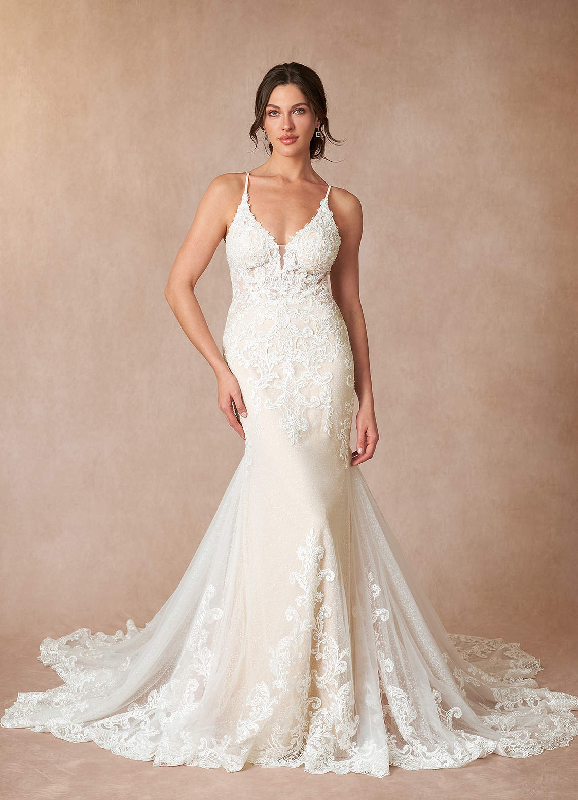 elyessen Selene Diamond White Mermaid V-Neck Lace Dress