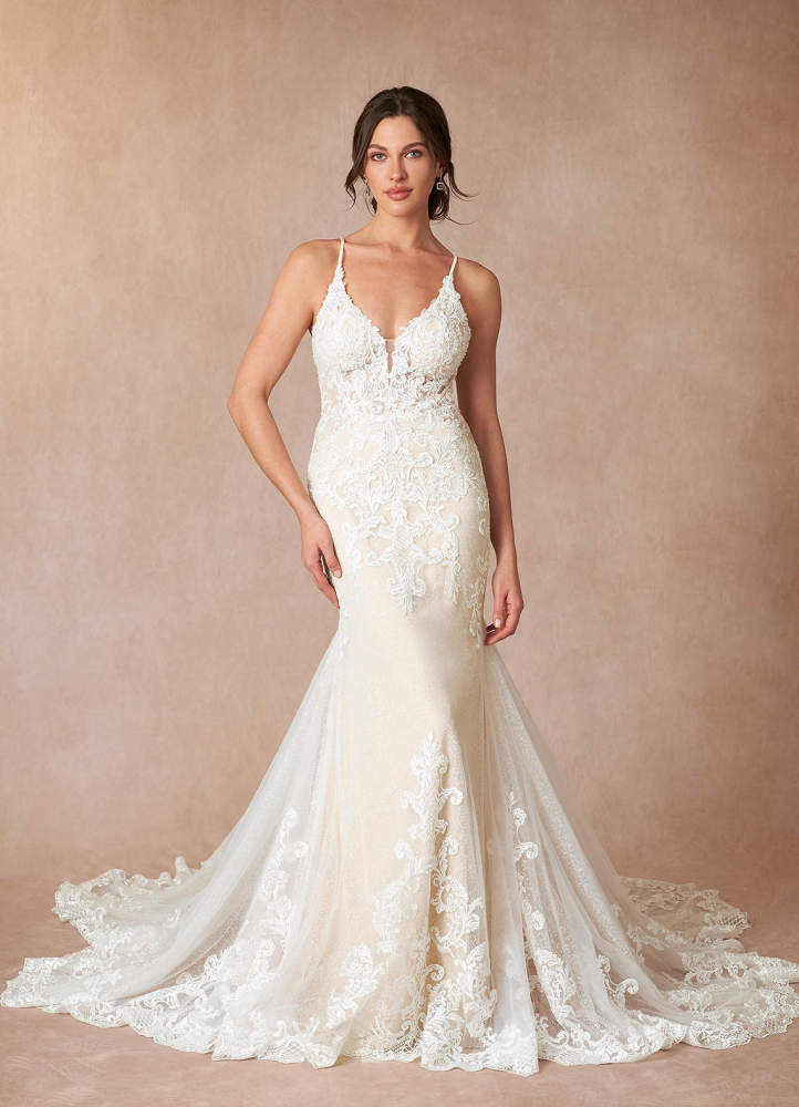 elyessen Selene Diamond White Mermaid V-Neck Lace Dress
