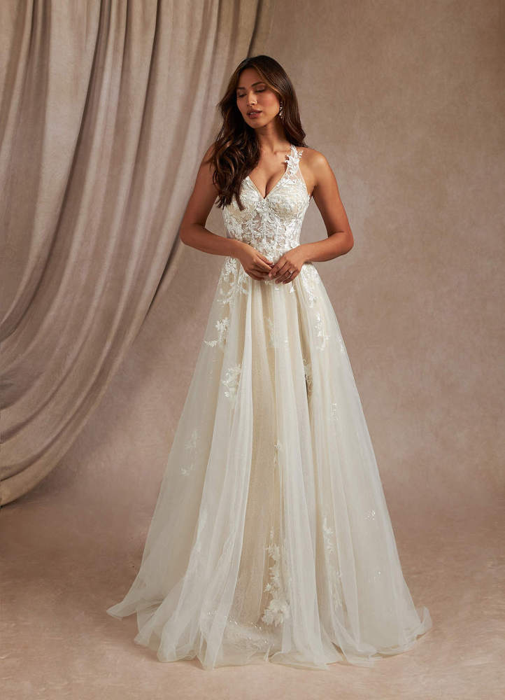 elyessen  Diamond White A-Line Halter Sequins Tulle Dress