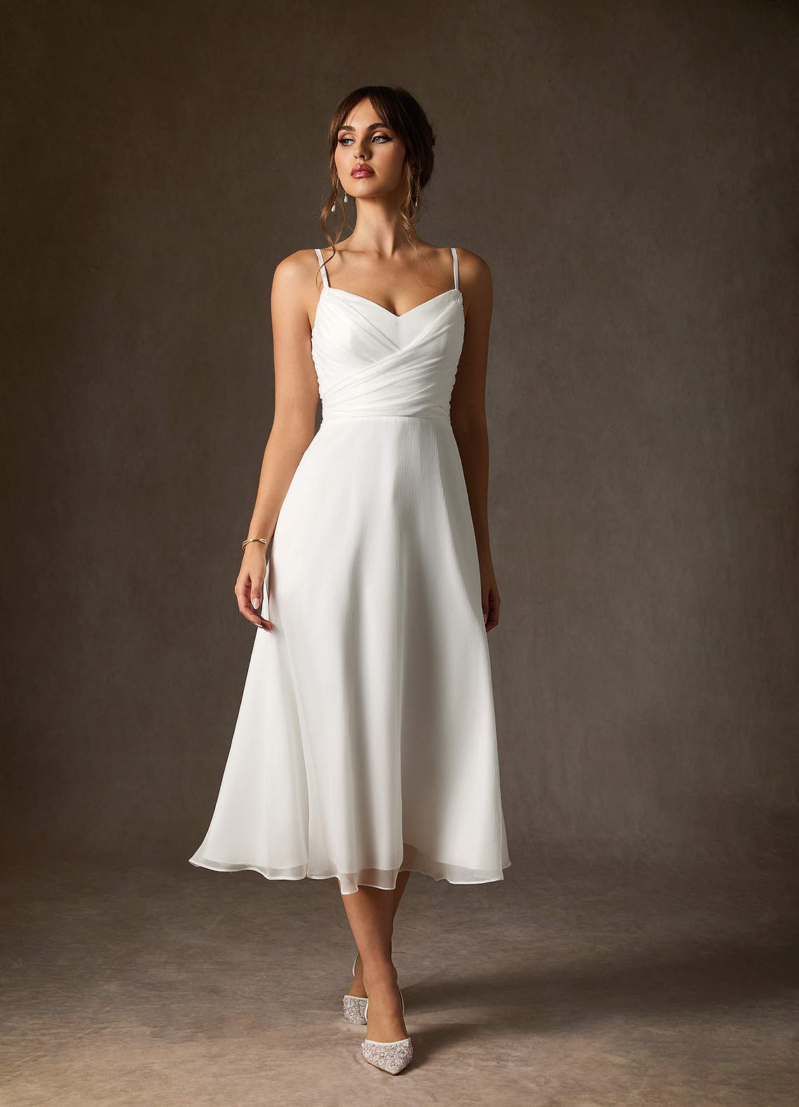 elyessen Kali Diamond White A-Line V-Neck Pleated Crinkle Chiffon Dress
