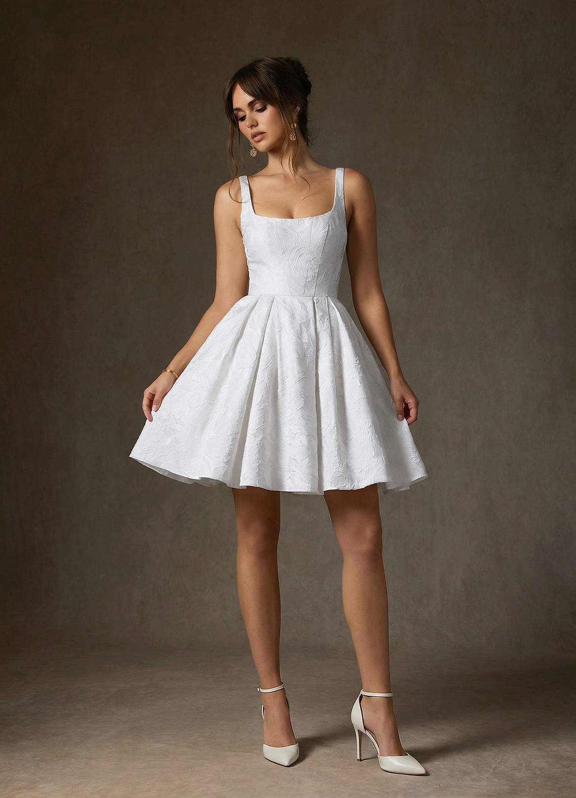 elyessen Ruby Diamond White A-Line with Pockets Floral Jacquard Dress