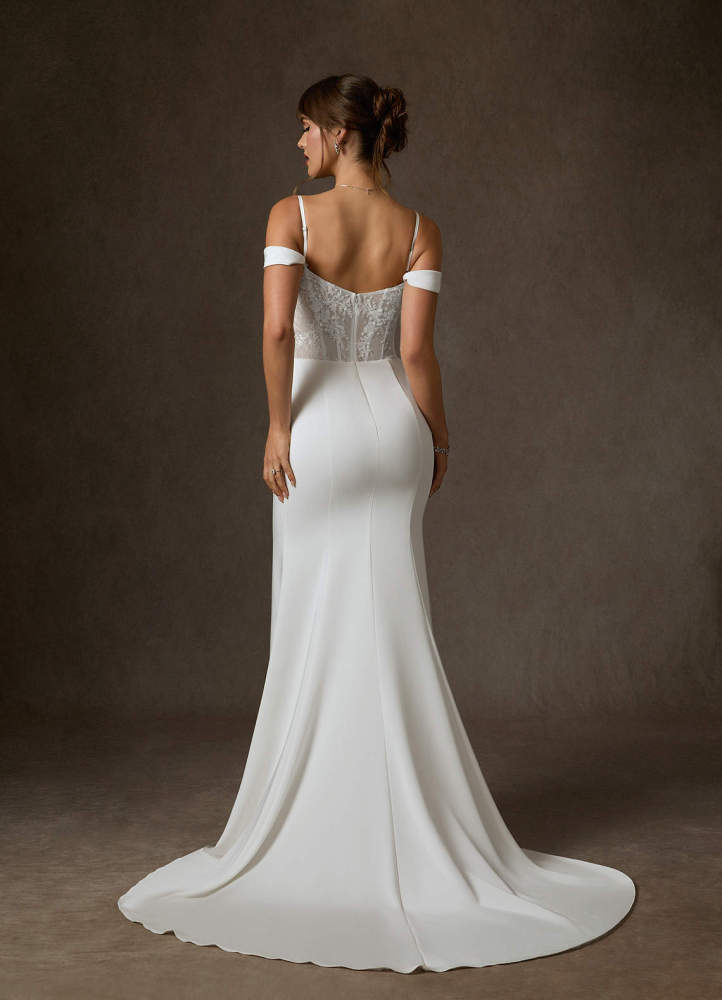 elyessen Alyce Diamond White Mermaid Off the Shoulder Crepe Back Satin Dress