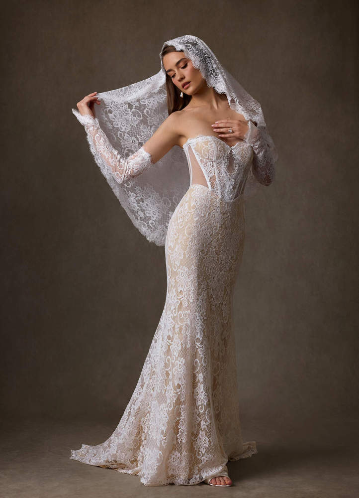 elyessen Diamond White Sheath Strapless Lace Dress