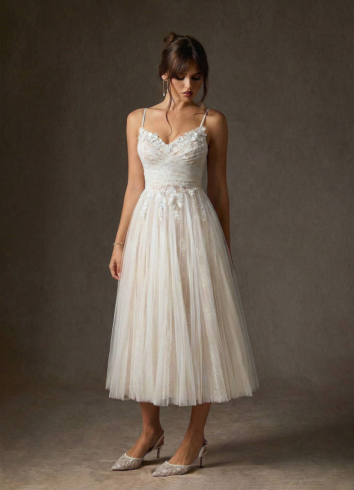 elyessen  Diamond White Champagne A-Line Tulle Dress