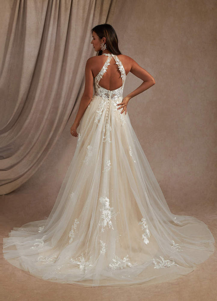 elyessen  Diamond White A-Line Halter Sequins Tulle Dress