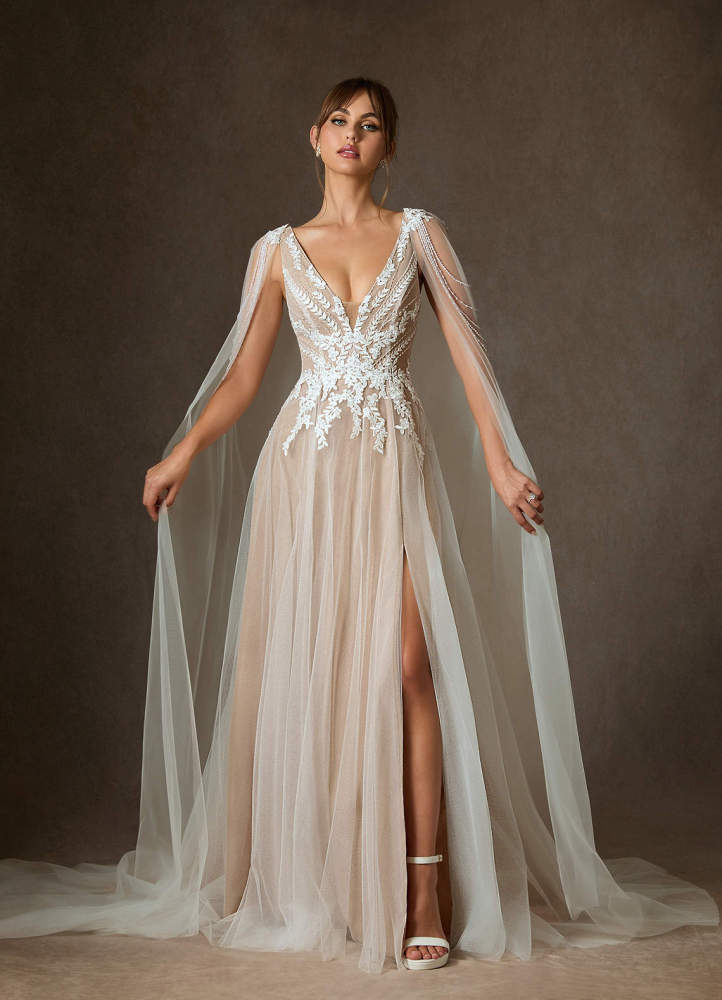 elyessen Goddess Two-Piece Diamond White A-Line V-Neck Sequins Tulle Dress