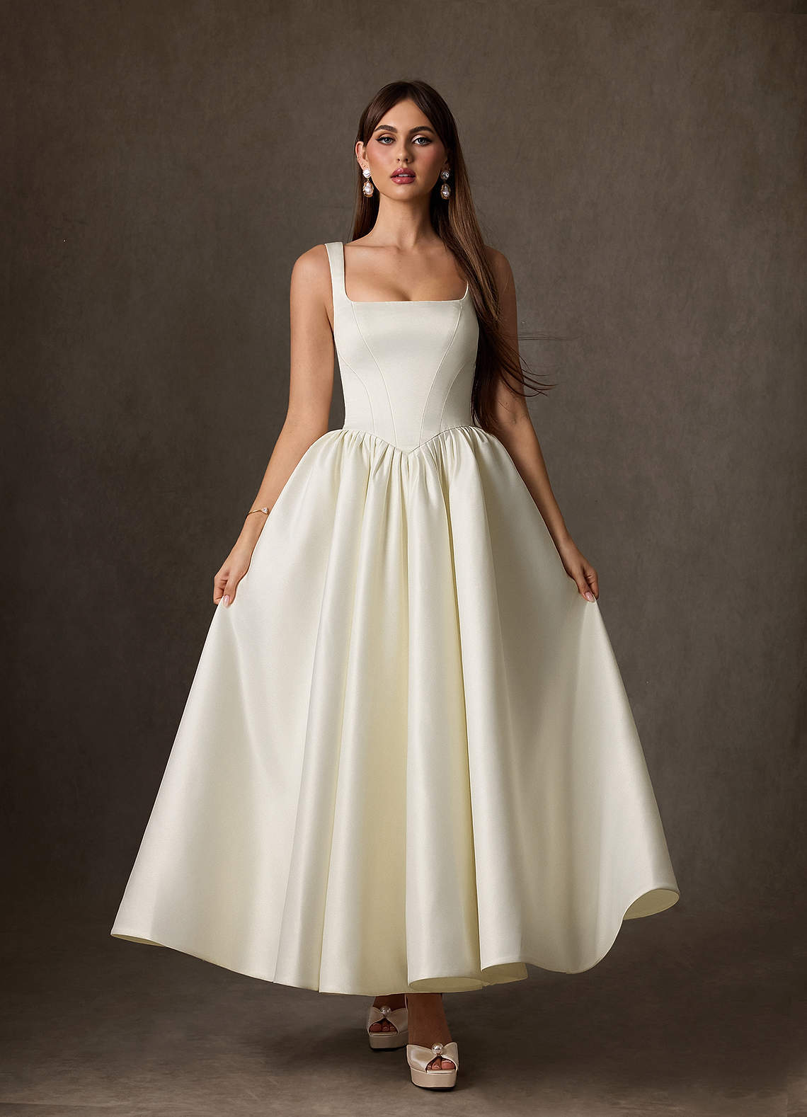 elyessen Verina Diamond White A-Line with Pockets Satin Dress