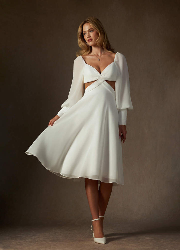 elyessen Delfina Diamond White A-Line V-Neck Pleated Chiffon Dress