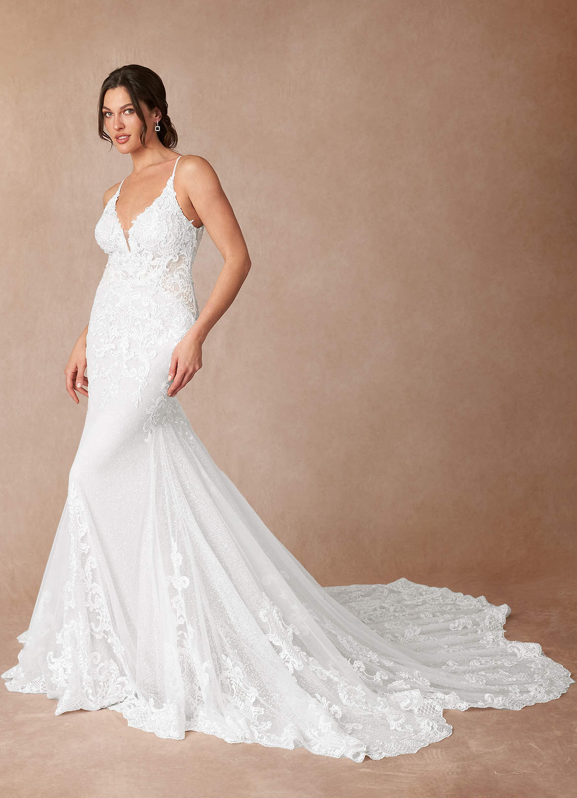 elyessen Selene Diamond White Mermaid V-Neck Lace Dress