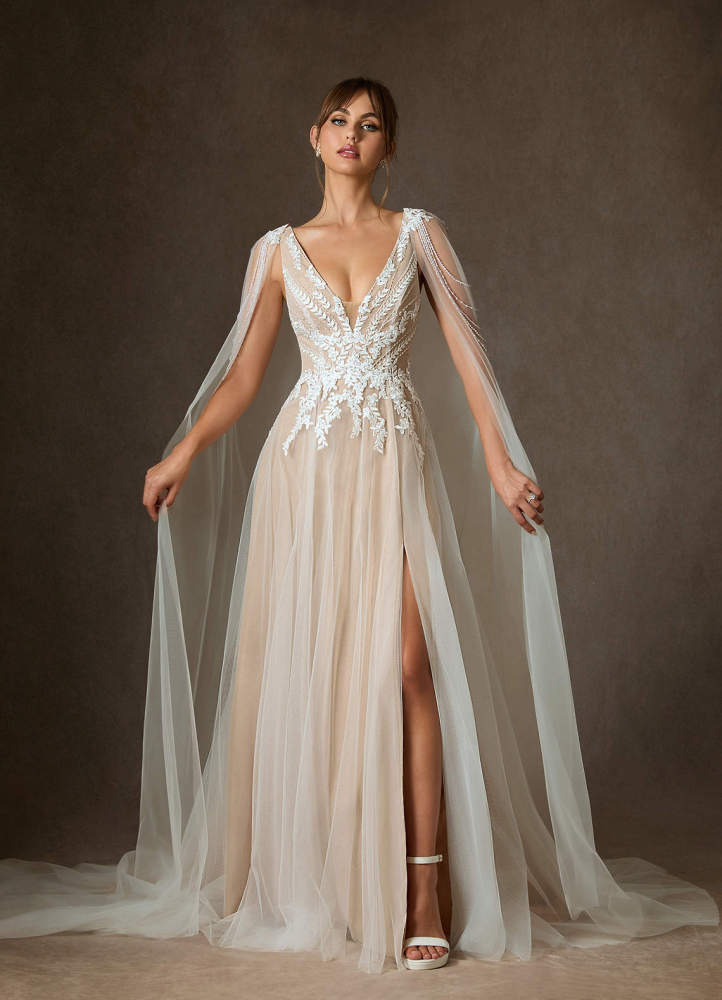 elyessen Goddess Two-Piece Diamond White A-Line V-Neck Sequins Tulle Dress
