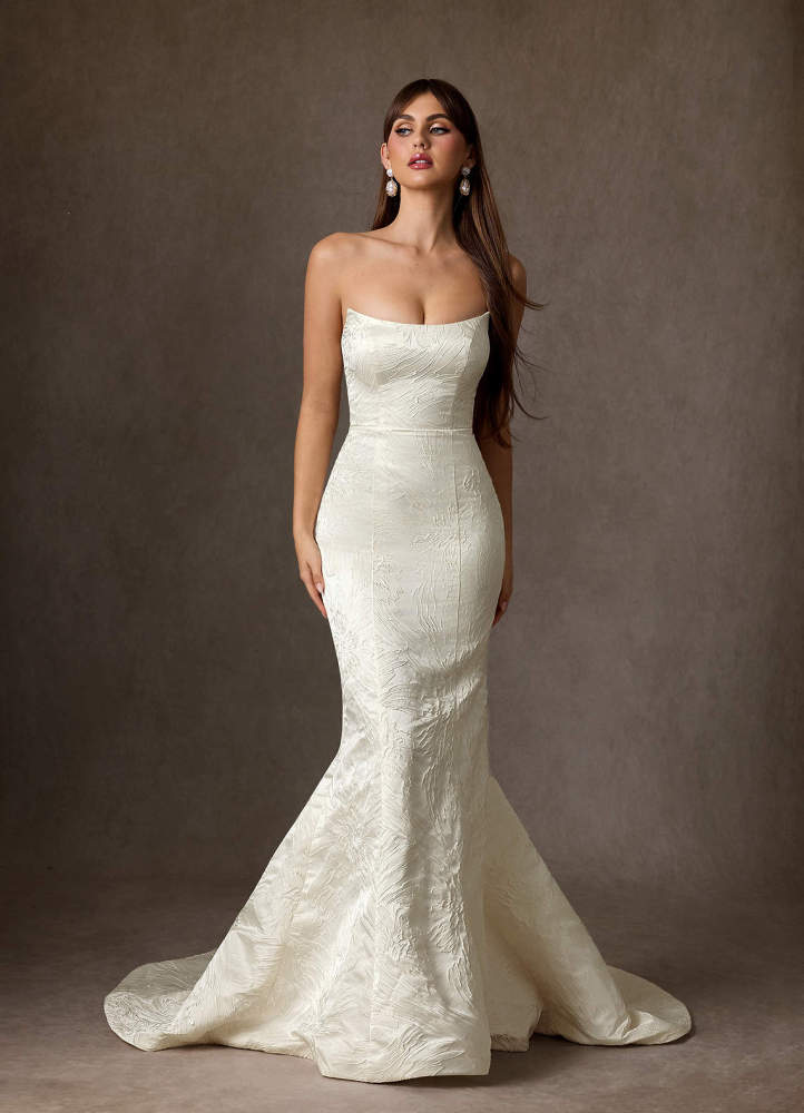 elyessen Serephina Diamond White Mermaid Strapless Floral Jacquard Dress