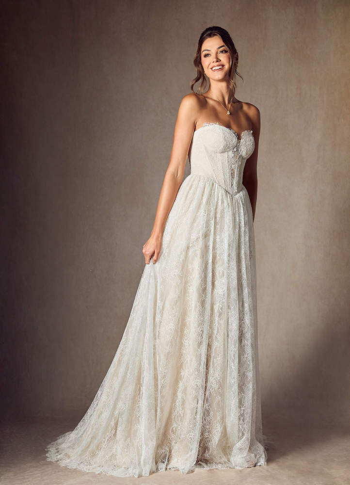 elyessen  Diamond White A-Line Strapless Lace Dress