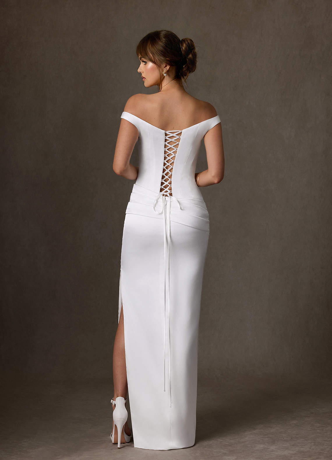 elyessen Marciana 
                Stretch Diamond White Sheath Off the Shoulder Stretch Satin Dress