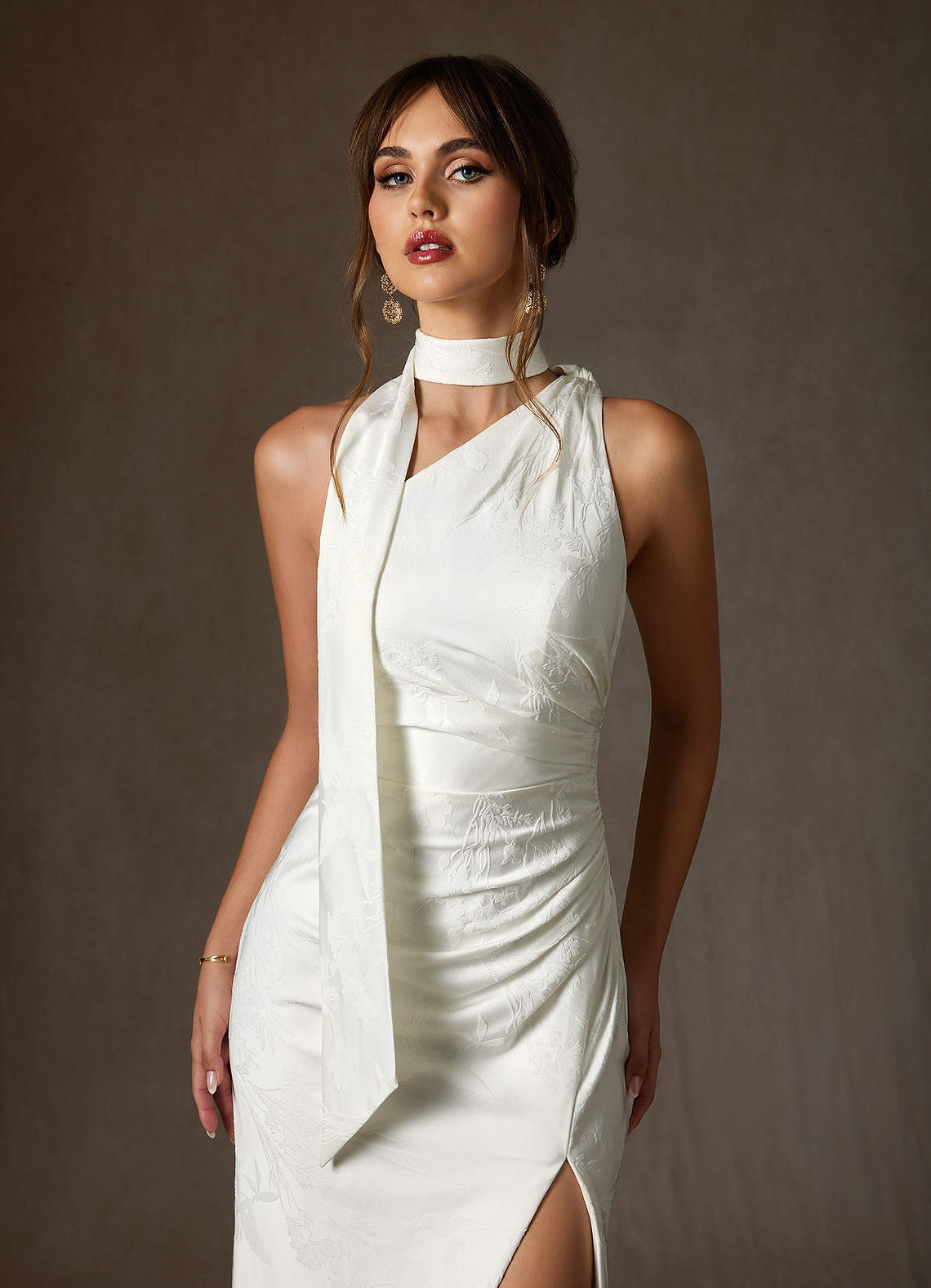 elyessen Misty Diamond White Sheath One Shoulder Floral Jacquard Dress