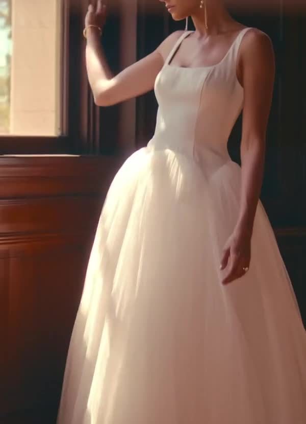 elyessen Samirah Diamond White A-Line Detachable Train Double Faced Satin Dress