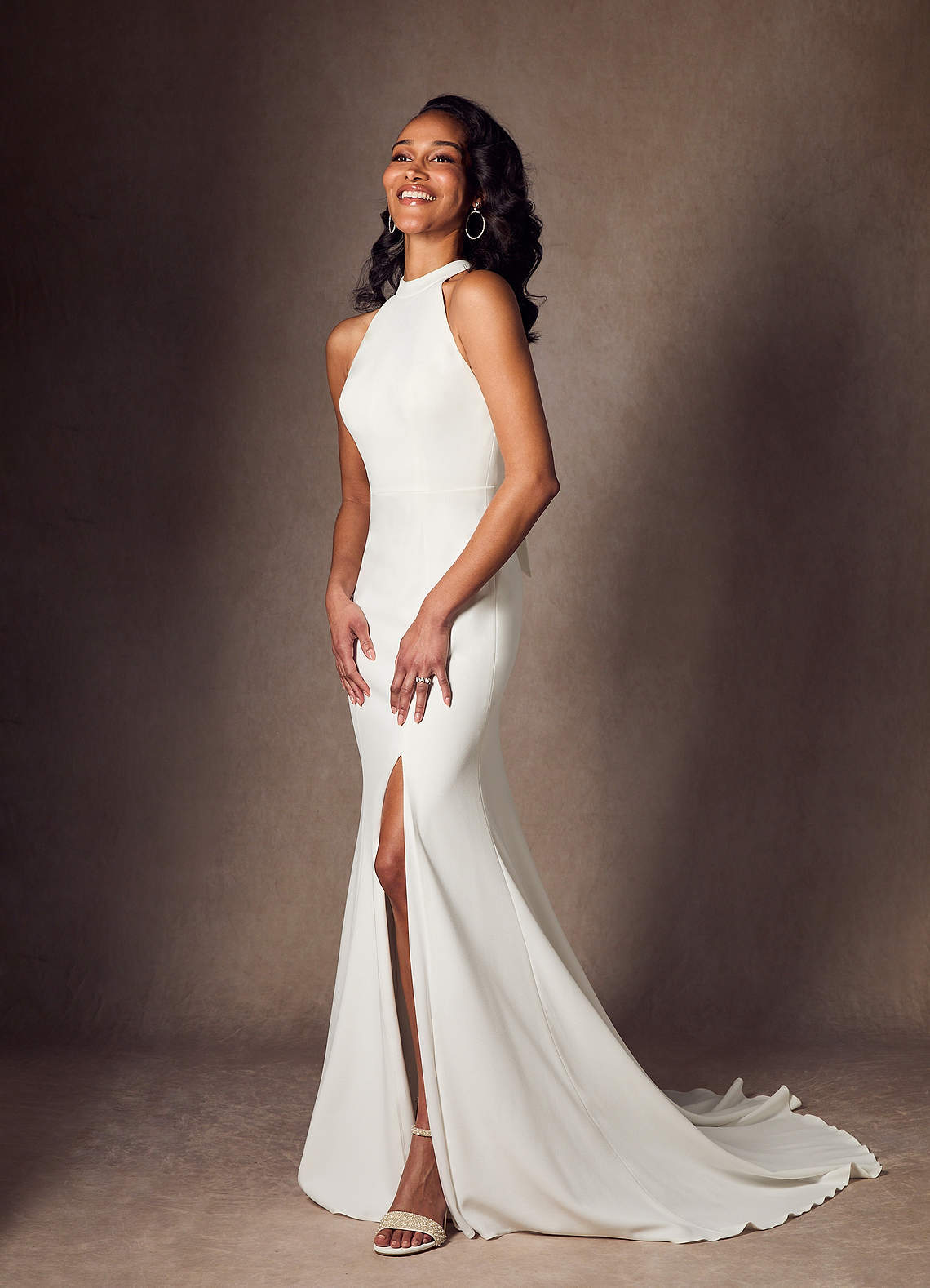 elyessen Aerith Stretch Diamond White Sheath Bow Stretch Crepe Dress