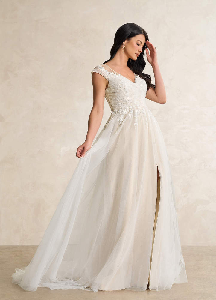 elyessen  Diamond White A-Line V-Neck Tulle Dress