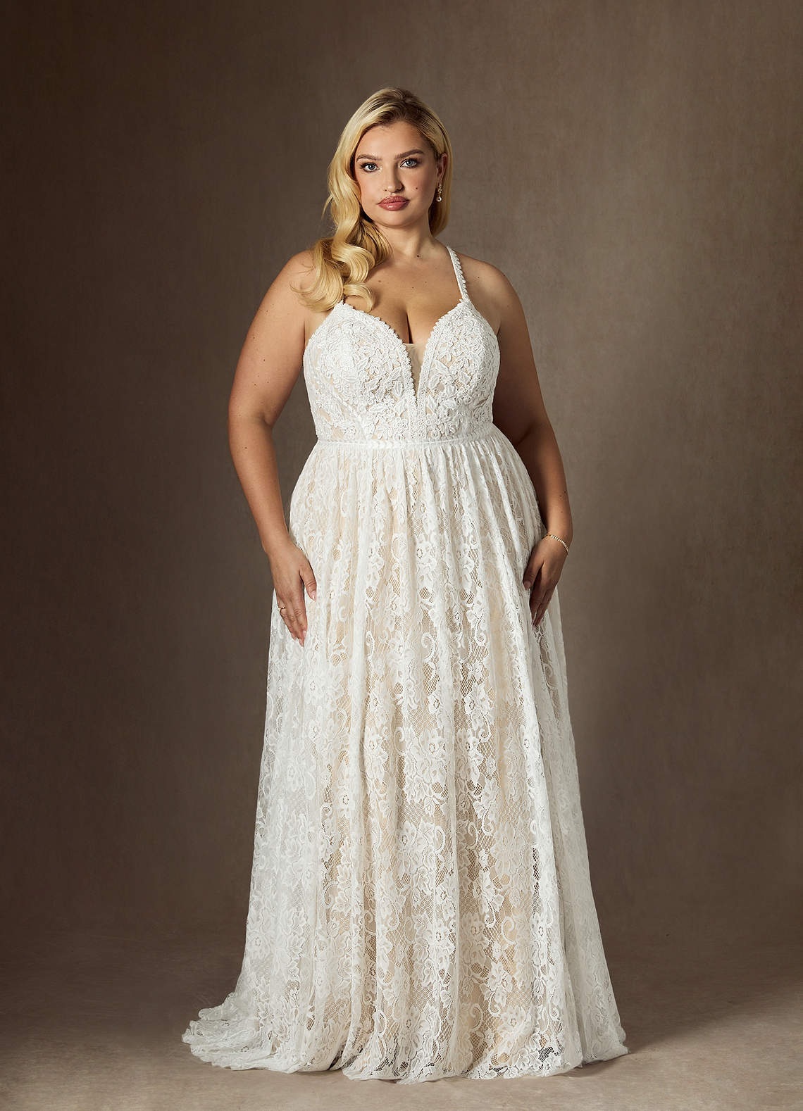 elyessen  Diamond White Champagne A-Line Lace Dress