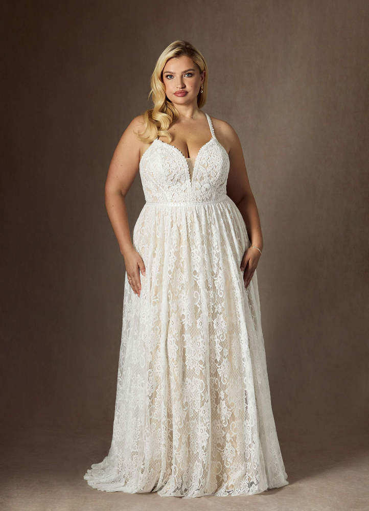 elyessen  Diamond White Champagne A-Line Lace Dress