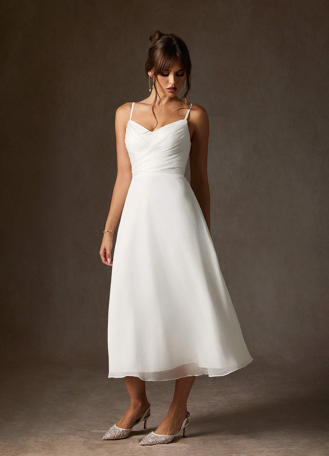 elyessen Kali Diamond White A-Line V-Neck Pleated Crinkle Chiffon Dress