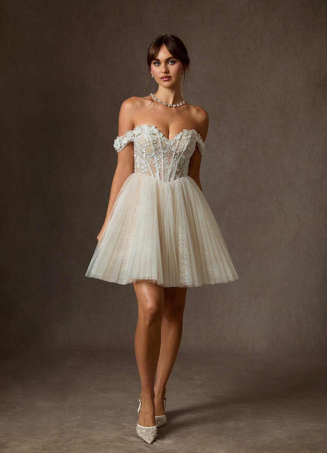elyessen  Diamond White Ball-Gown Off the Shoulder Lace Dress