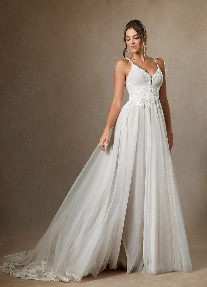 elyessen Devi Free pannier Diamond White A-Line V-Neck Lace Tulle Dress