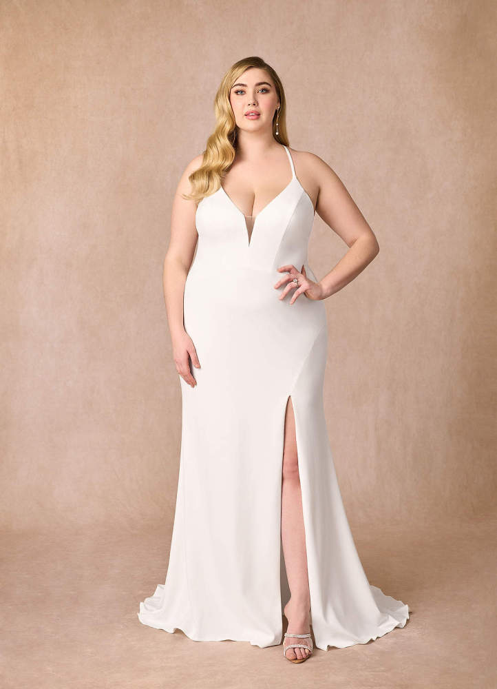 elyessen Stretch Diamond White Mermaid V-Neck Stretch Crepe Dress