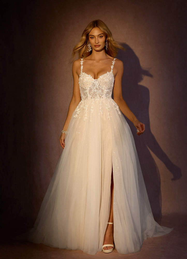 elyessen  Diamond White Champagne A-Line V-Neck Sequins Tulle Dress