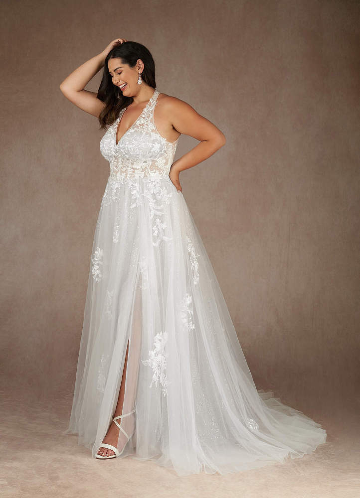 elyessen Dysis Diamond White A-Line Halter Sequins Tulle Dress