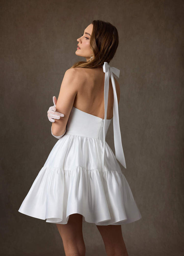elyessen Malini Diamond White A-Line High Neck Satin Dress