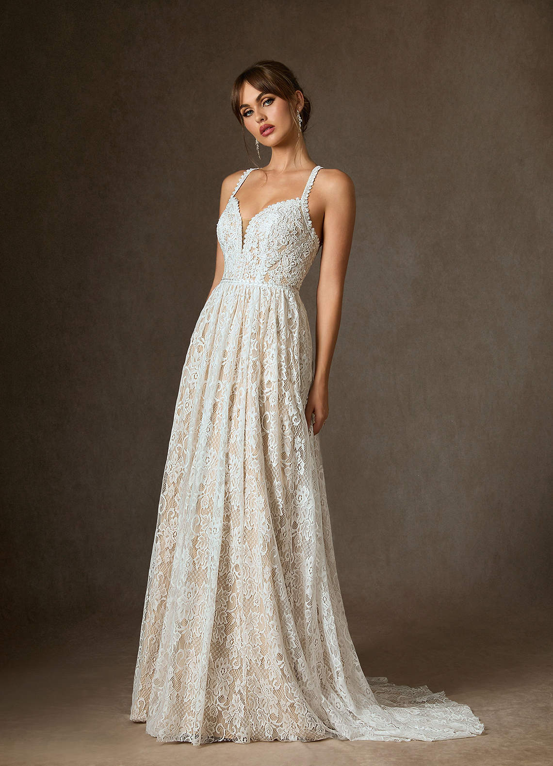 elyessen  Diamond White Champagne A-Line Lace Dress