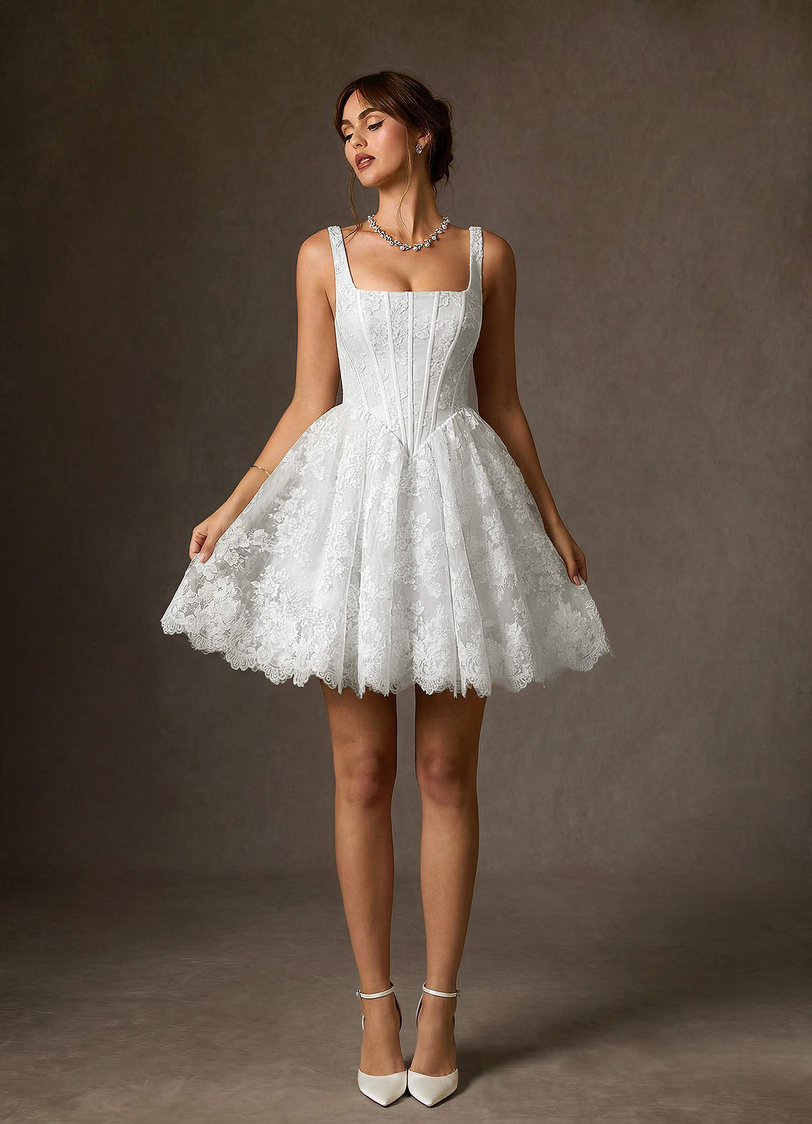 elyessen Nolicia Diamond White Ball-Gown Square Neckline Lace Dress