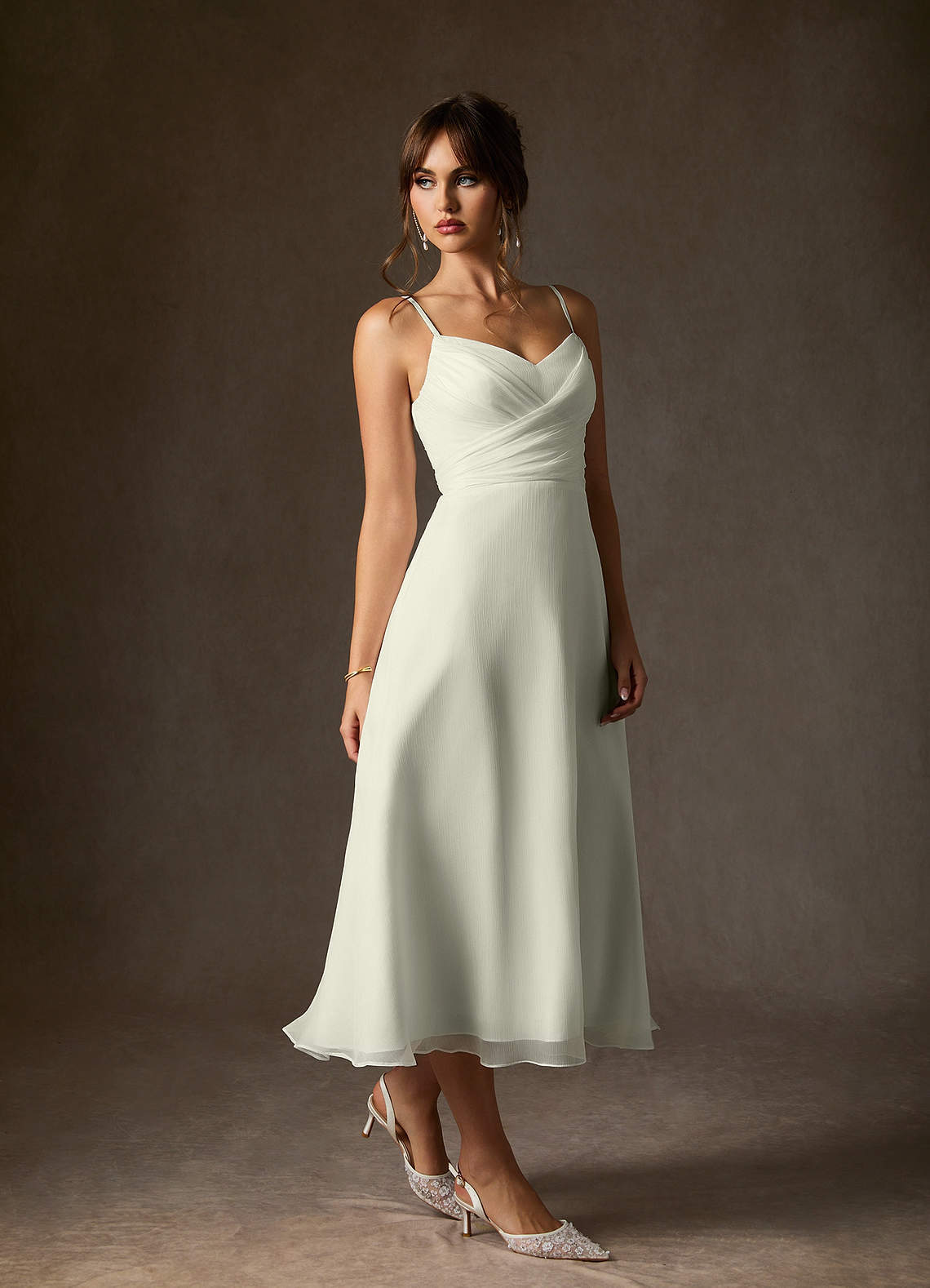 elyessen  Diamond White A-Line V-Neck Pleated Crinkle Chiffon Dress