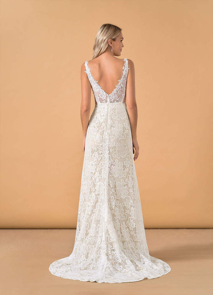 elyessen  Diamond White Champagne Mermaid V-Neck Lace Tulle Dress