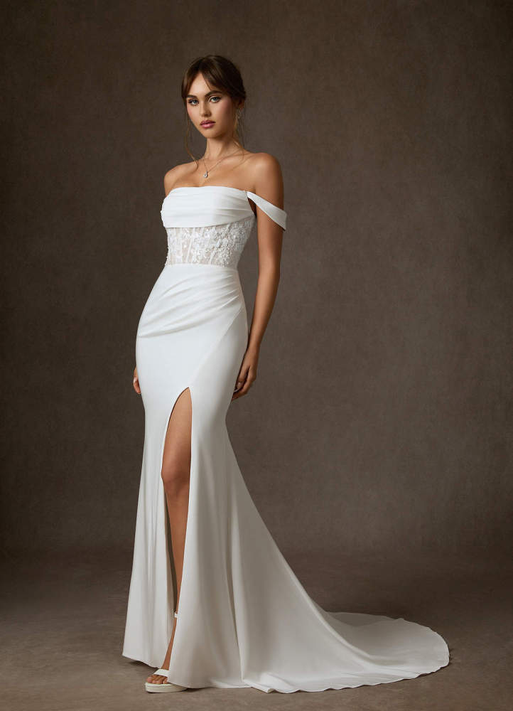 elyessen Alyce Diamond White Mermaid Off the Shoulder Crepe Back Satin Dress