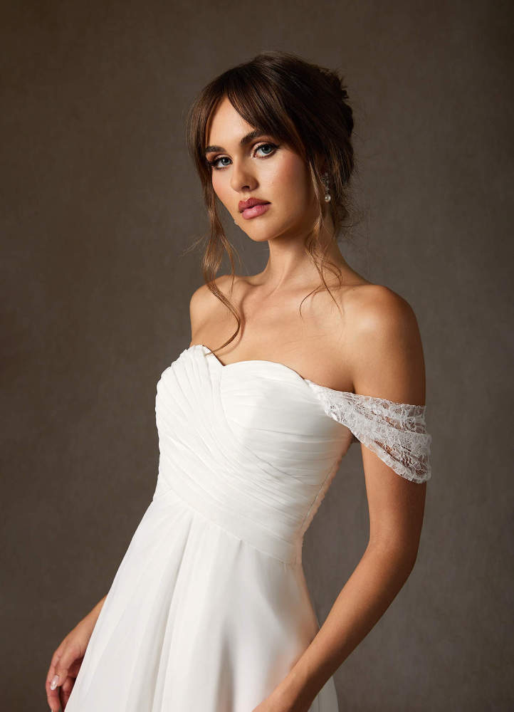 elyessen Zadie Diamond White A-Line Off the Shoulder Chiffon Dress