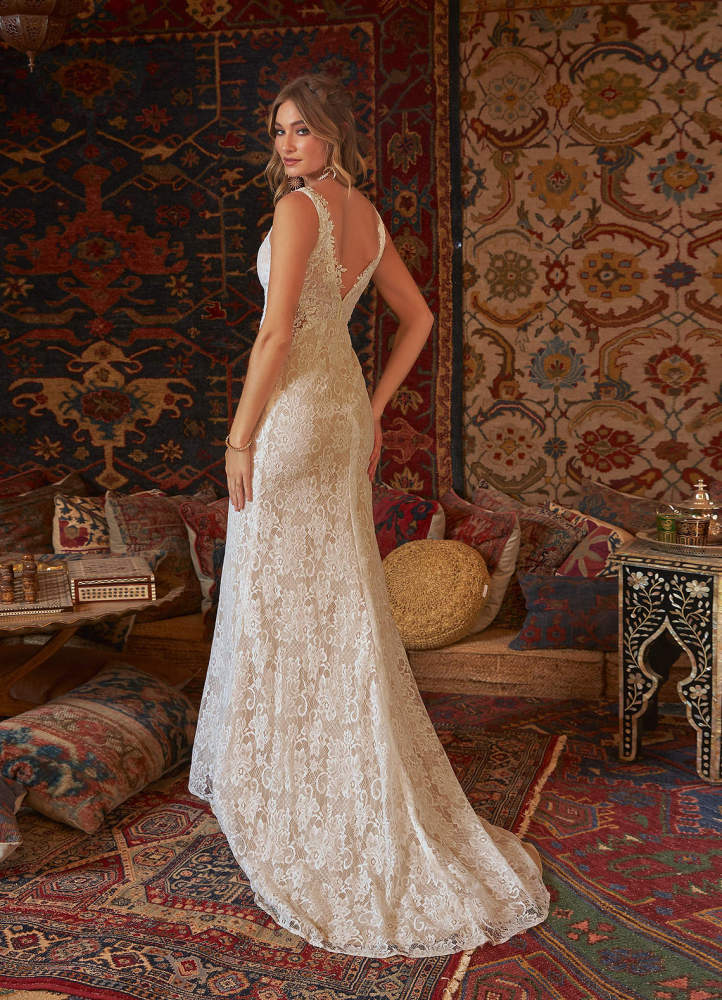 elyessen  Diamond White Champagne Mermaid V-Neck Lace Tulle Dress