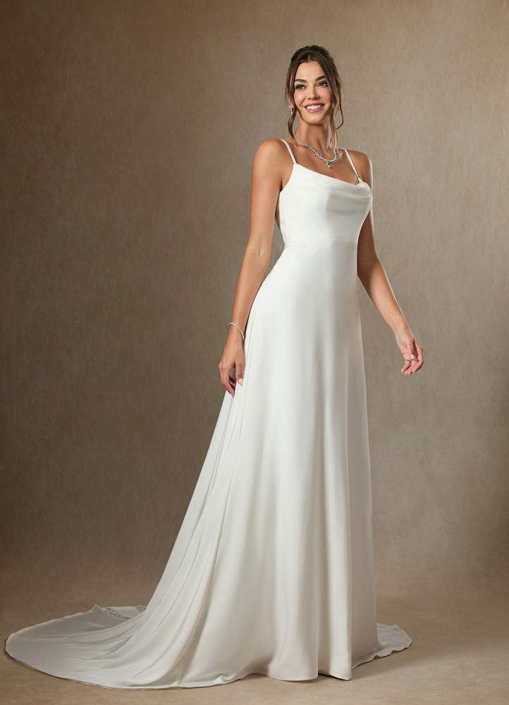 elyessen Shiv Diamond White A-Line Beaded Crepe Back Satin Dress