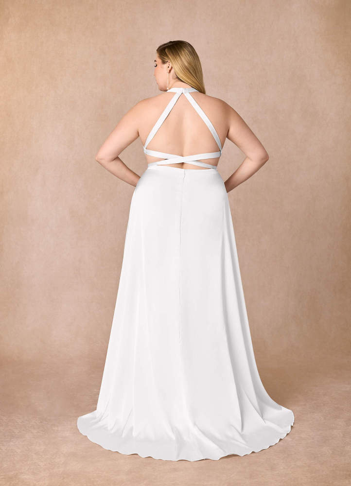 elyessen Sian Stretch Diamond White A-Line Side Slit Stretch Satin Dress
