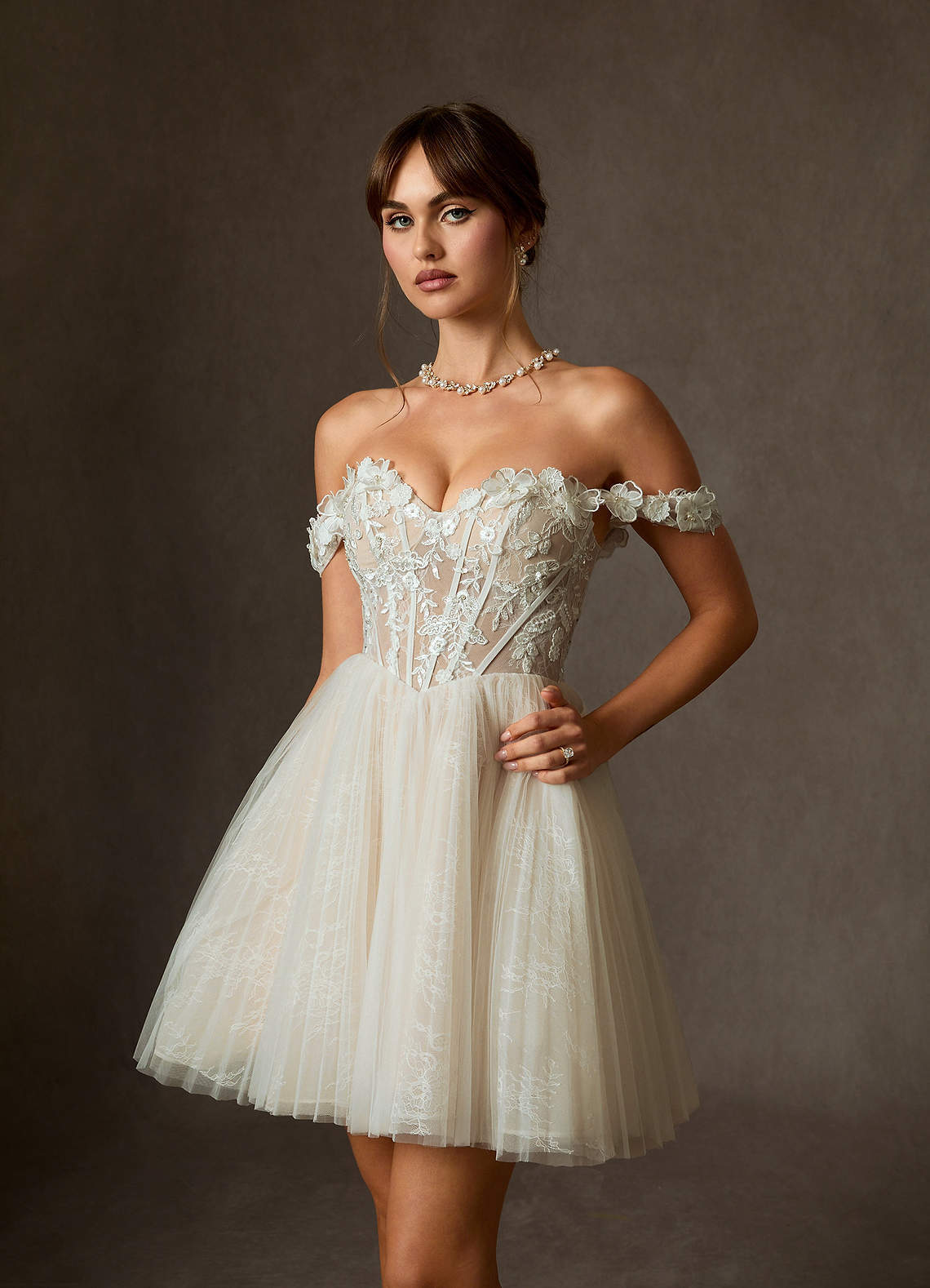 elyessen  Diamond White Ball-Gown Off the Shoulder Lace Dress