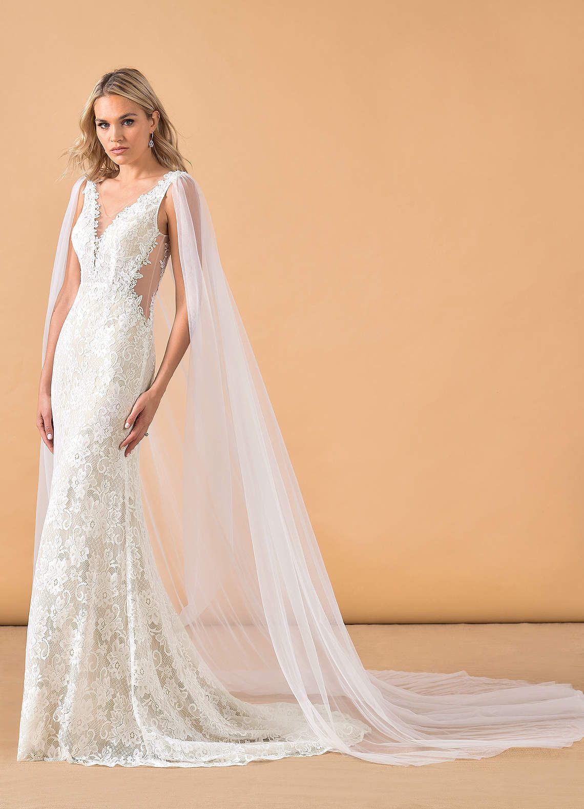 elyessen  Diamond White Champagne Mermaid V-Neck Lace Tulle Dress