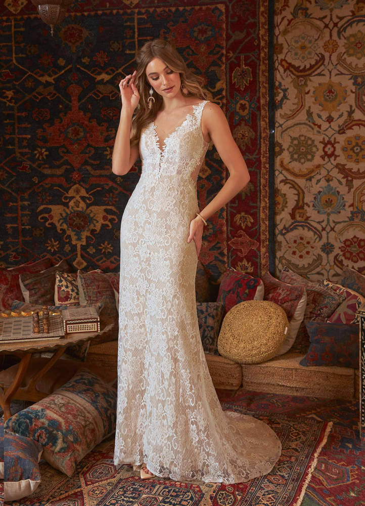 elyessen  Diamond White Champagne Mermaid V-Neck Lace Tulle Dress