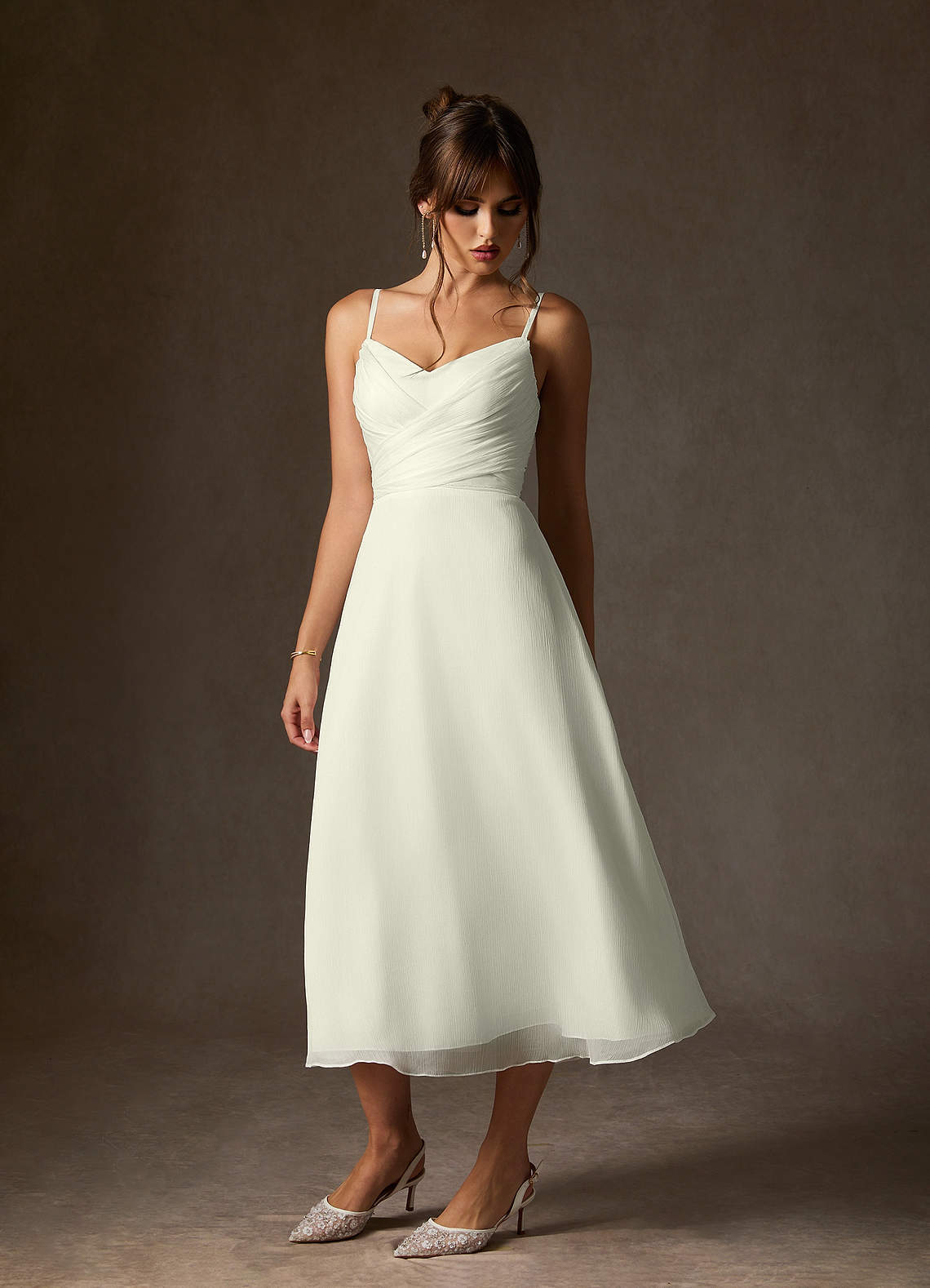 elyessen  Diamond White A-Line V-Neck Pleated Crinkle Chiffon Dress