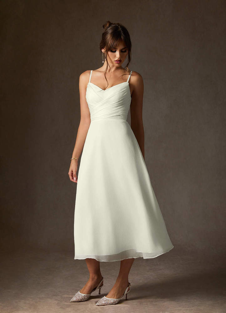 elyessen  Diamond White A-Line V-Neck Pleated Crinkle Chiffon Dress