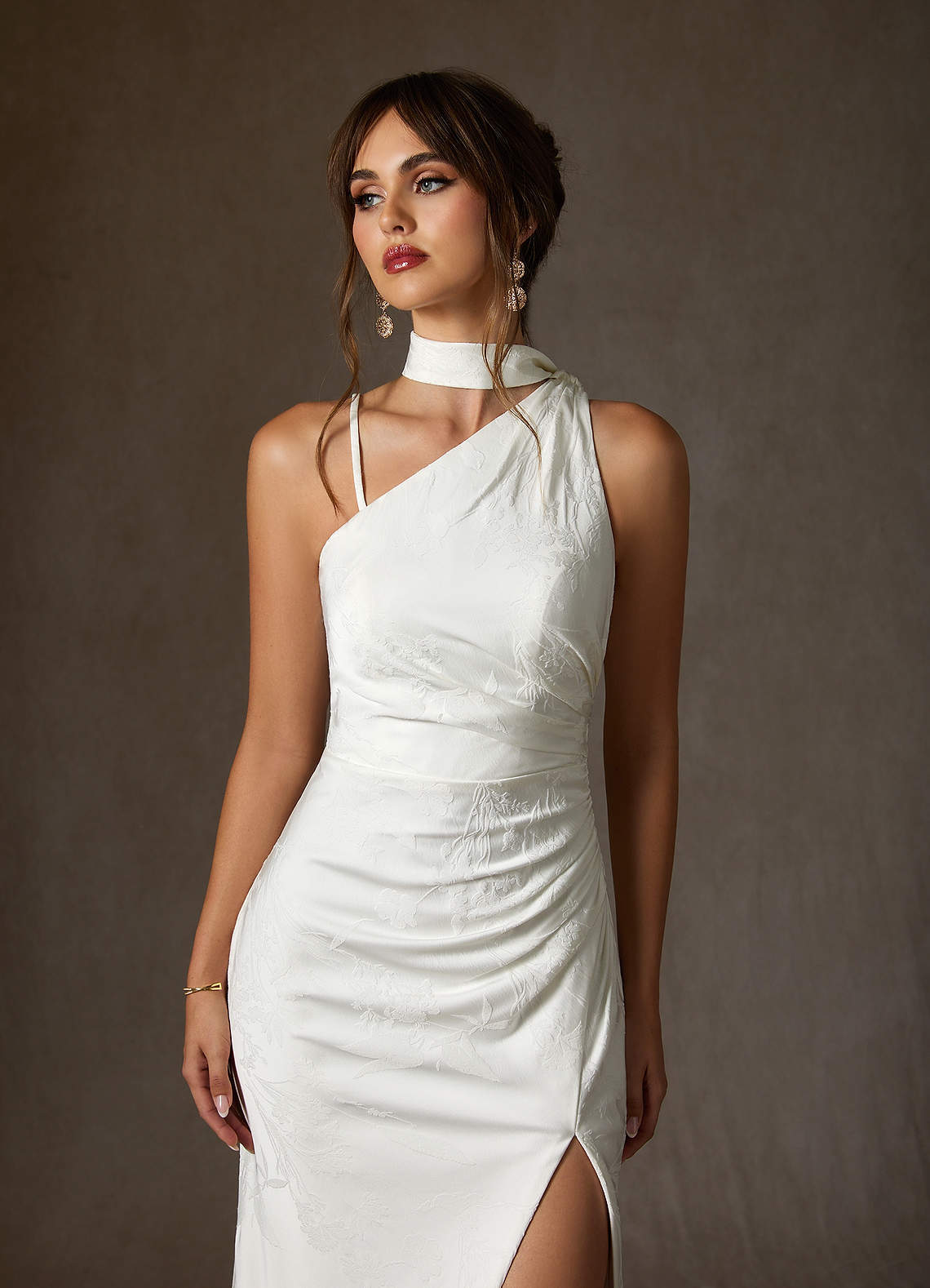 elyessen Misty Diamond White Sheath One Shoulder Floral Jacquard Dress