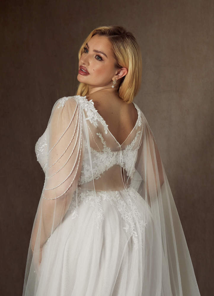 elyessen Goddess Two-Piece Diamond White A-Line V-Neck Sequins Tulle Dress