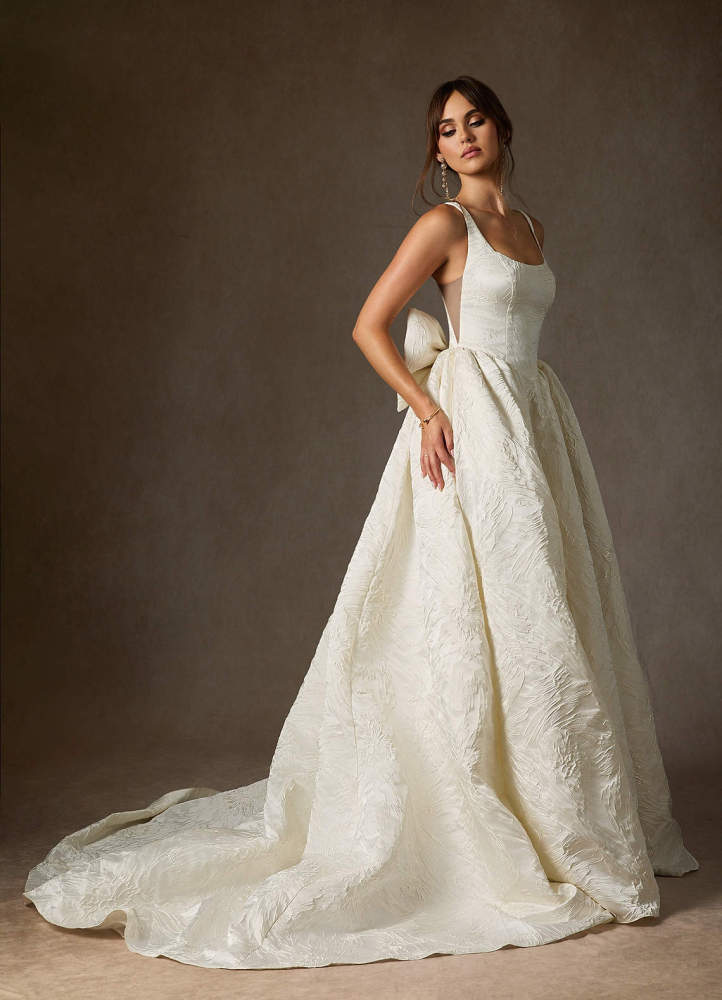 elyessen  Diamond White Ball-Gown with Pockets Floral Jacquard Dress