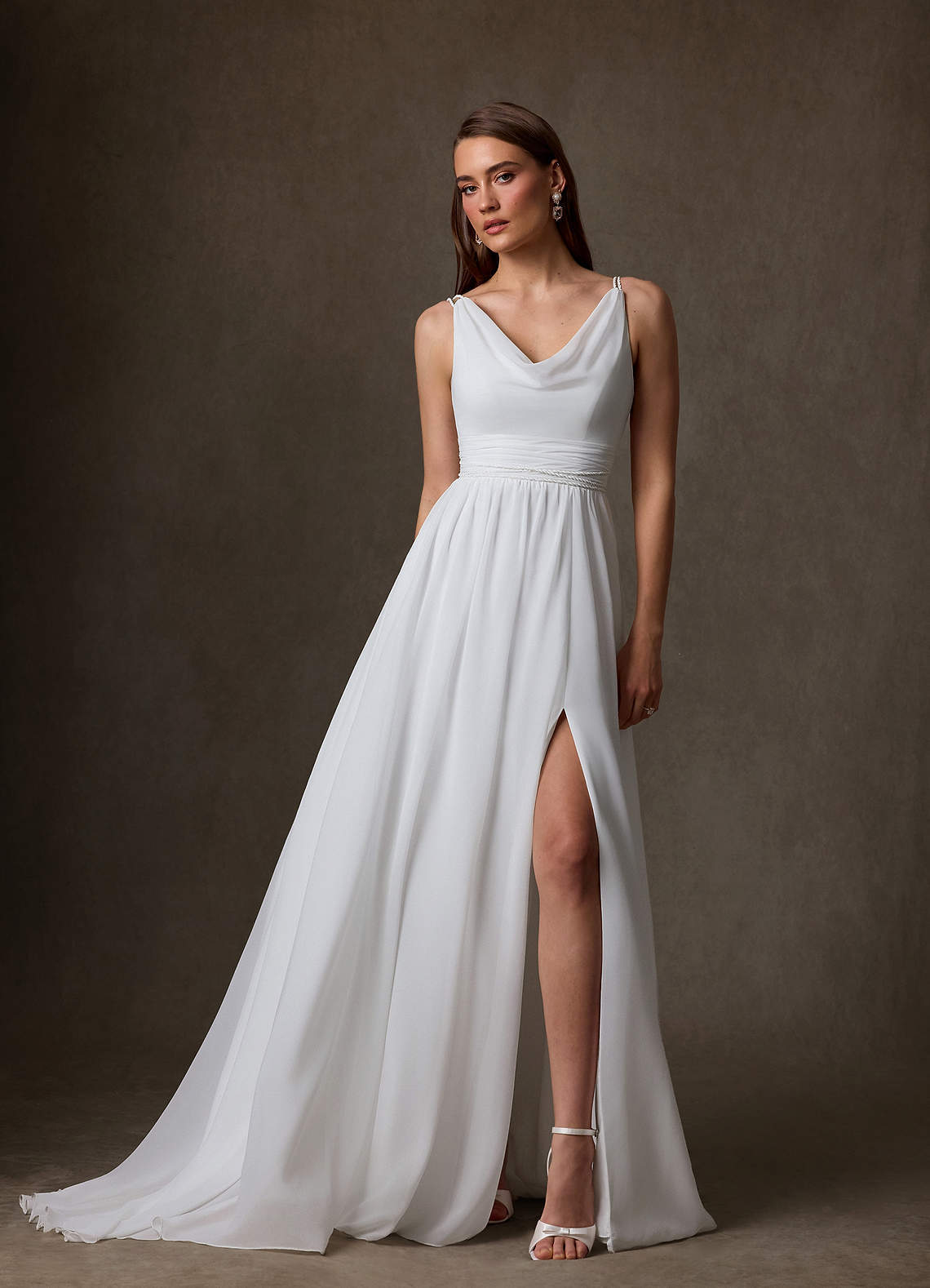 elyessen Neema Diamond White A-Line Side Slit Chiffon Dress